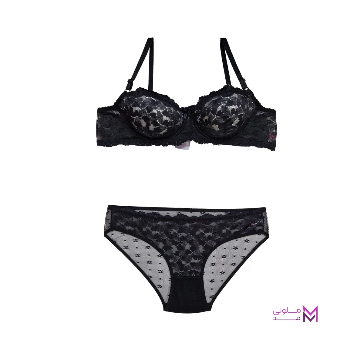 bra and panties set Heart-shaped lace (3) ست سوتین و شورت توری طرح قلب رنگ مشکی